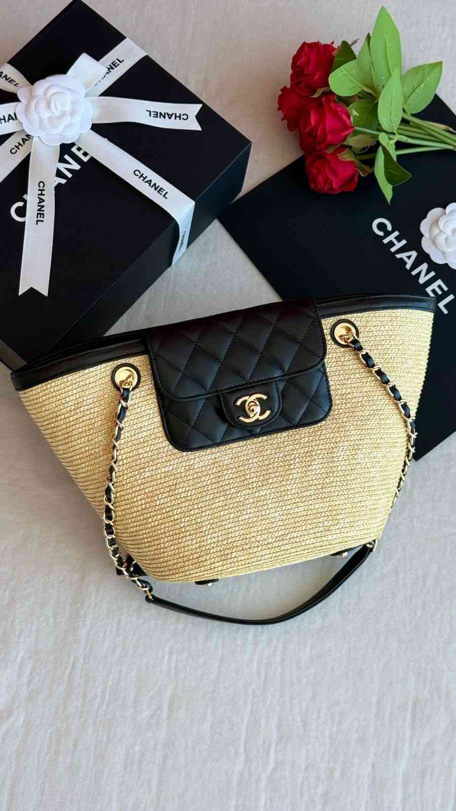 Chanel Braided Straw & Lambskin Tote