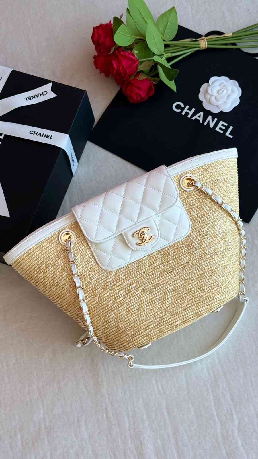 Chanel Braided Straw & Lambskin Tote